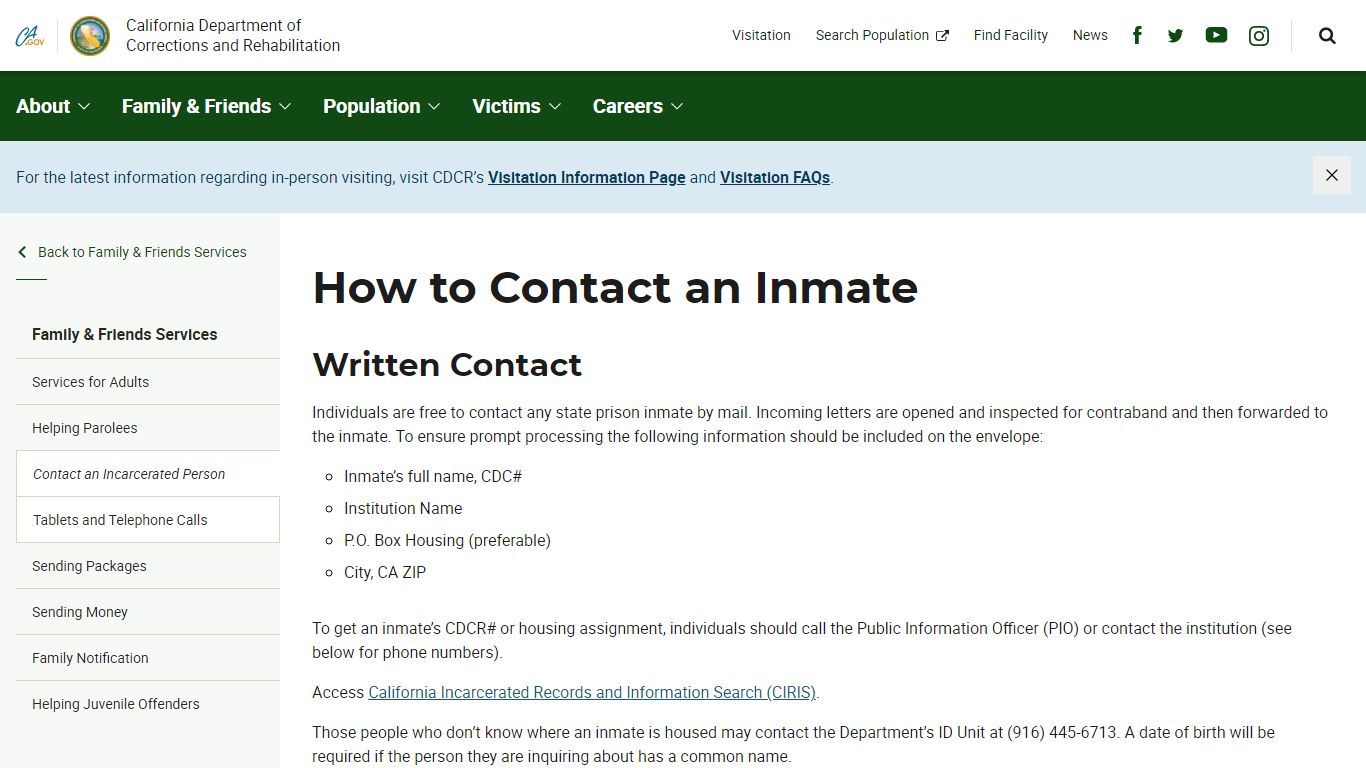 How to Contact an Inmate - Family & Friends Services - CDCR