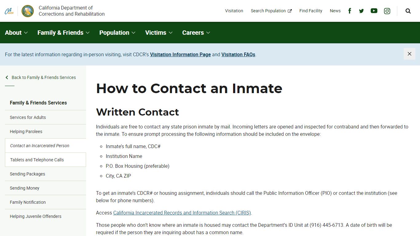 How to Contact an Inmate - Family & Friends Services - CDCR